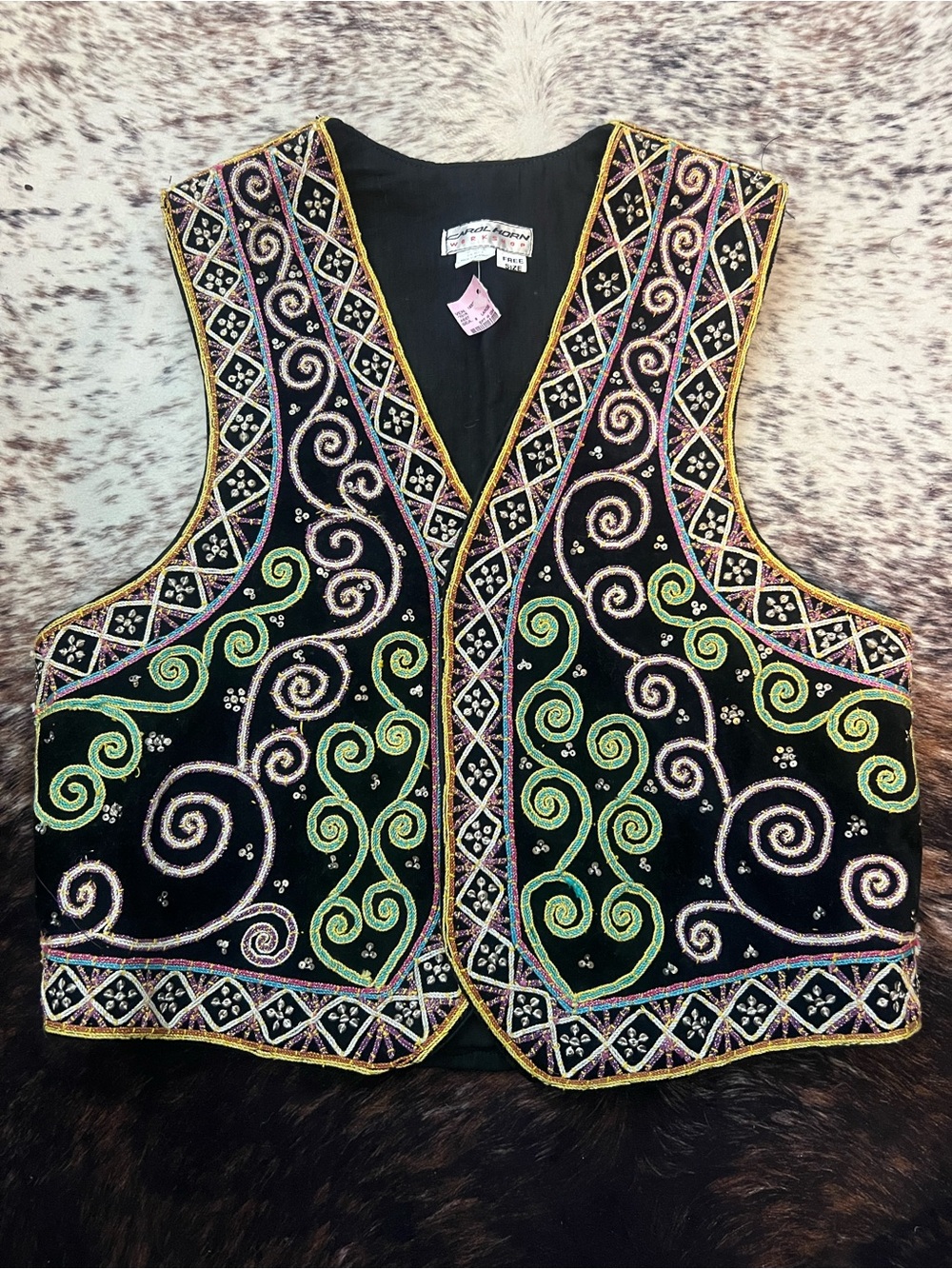 Carol Horn Embroidered Black Velvet Vest with Green Swirl Motif